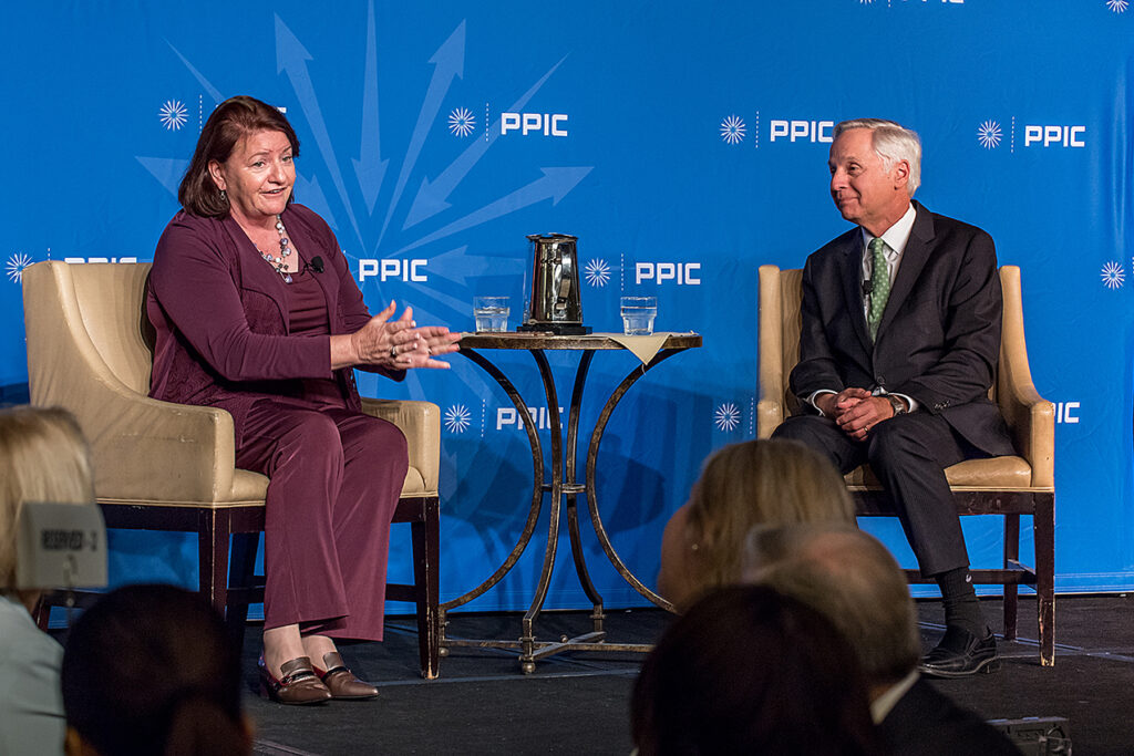 Photo of President pro Tem Toni Atkins and PPIC President and CEO Mark Baldassare