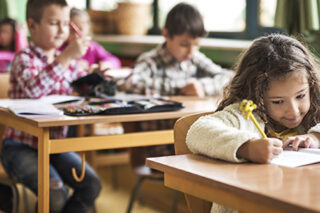 Elementary Schoolgirl Writing On A Class In The Classroom.