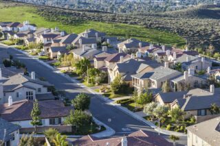 Early morning view of hillside California suburban housing in Simi Valley near Los Angeles.