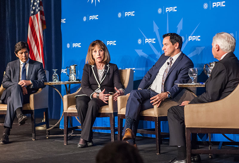 Senator Kevin De León, Senator Patricia Bates, Speaker Anthony Rendon, and PPIC President and CEO Mark Baldassare