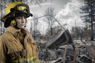 Photo of a female firefighter in a burned forest