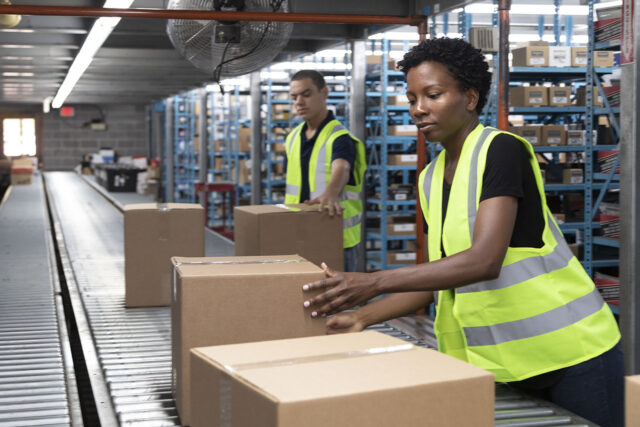 Conveyor Belt And Warehouse Workers