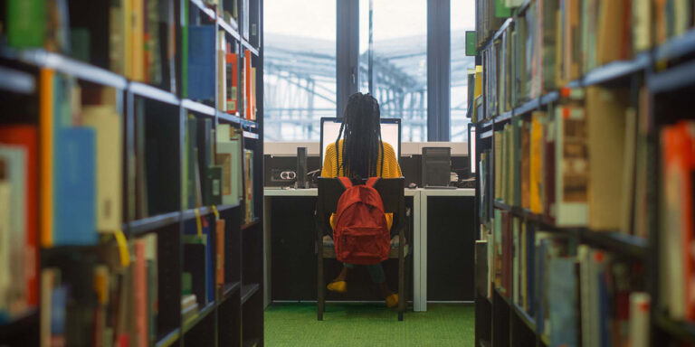 photo - Back View College Student at Computer In the Library