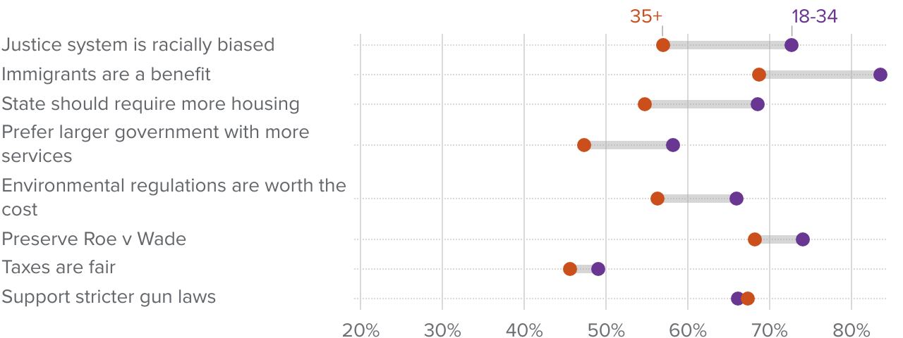 figure 3 - The largest age gaps in opinions occur around issues related to race