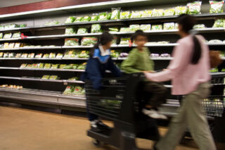 photo - Mother at Supermarket Pushing Shopping Cart with Children in It