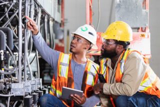 photo - Two Workers Wearing Hardhats and Inspecting Industrial Equipment