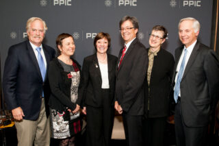 photo - PPIC Water Policy Center Launch Event, 2015 (left to right Will Stelle, Ellen Hanak, Karen Ross, Matthew Rodriguez, Lois Kazakoff, Mark Baldassare)