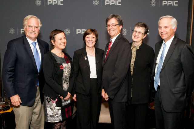 photo - PPIC Water Policy Center Launch Event, 2015 (left to right Will Stelle, Ellen Hanak, Karen Ross, Matthew Rodriguez, Lois Kazakoff, Mark Baldassare)