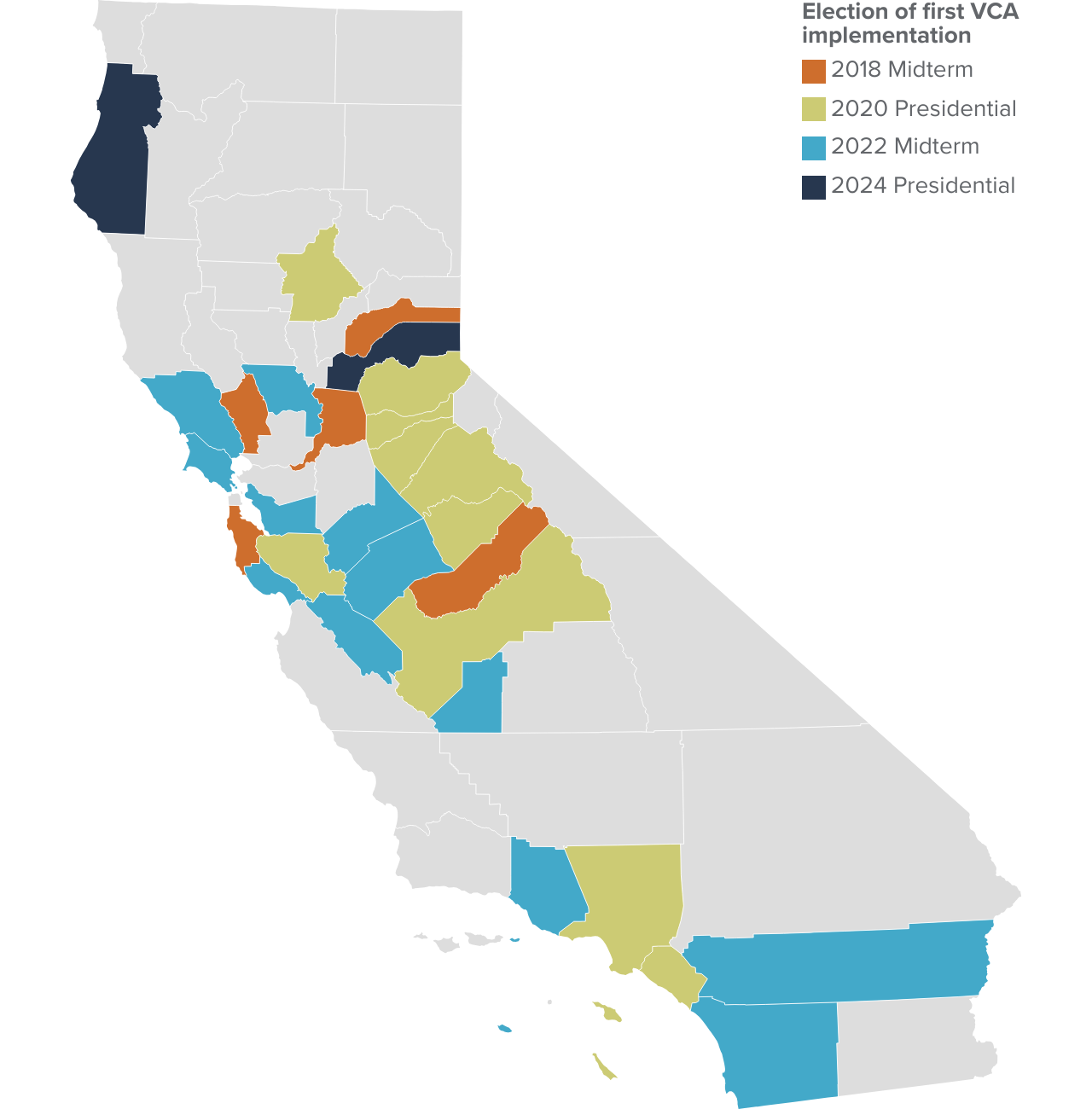 Figure 1 - Voter’s Choice Act counties now cover many parts of the state and most voters