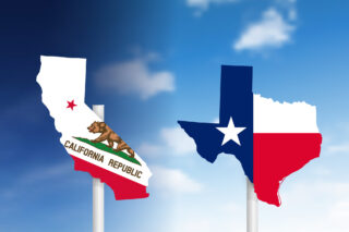 photo - California and Texas State Outlines as Road Signs
