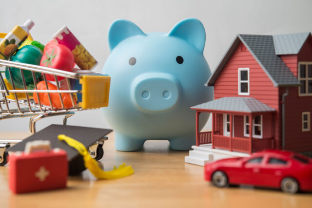 photo - Piggy Bank and Many Expenses such as Groceries, Education, Health Care, Transportation, and Housing