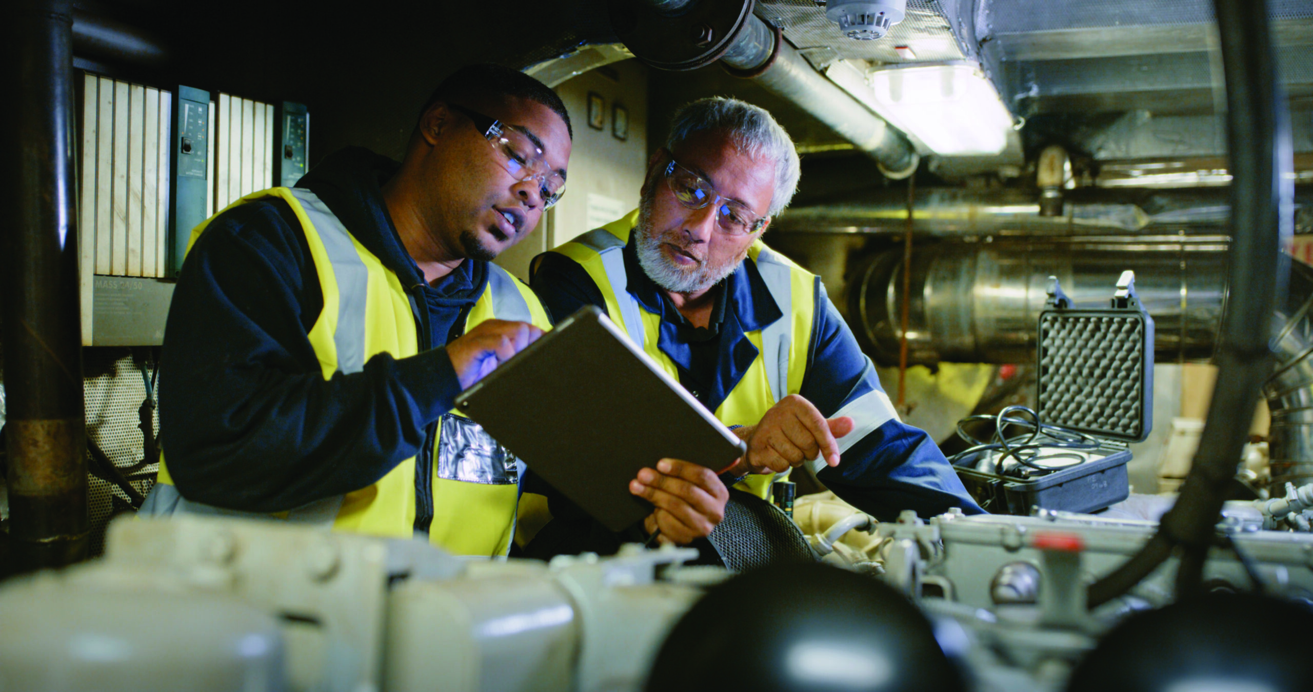 Mechanical engineers with tablet planning repair, thinking of maintenance fix or analyzing performance data. serious mechanics, workshop workers or male colleagues fixing or repairing heavy machinery