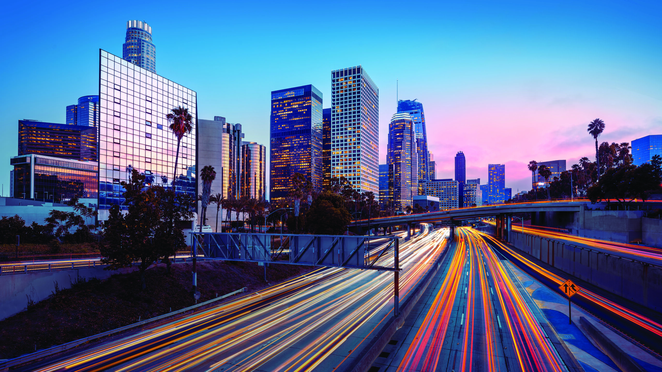 The skyline of Los Angeles during rush hour