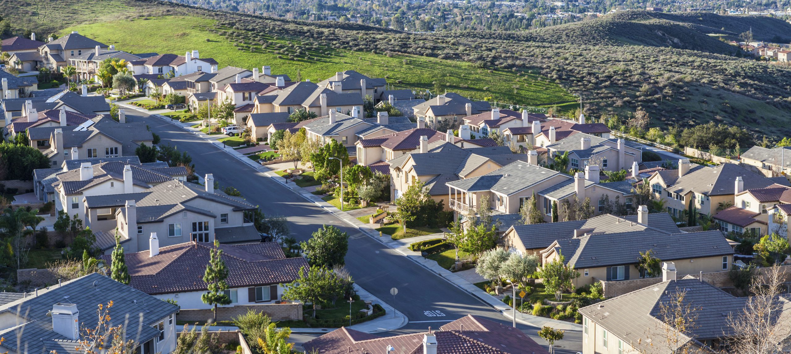 Early morning view of hillside California suburban housing in Simi Valley near Los Angeles.