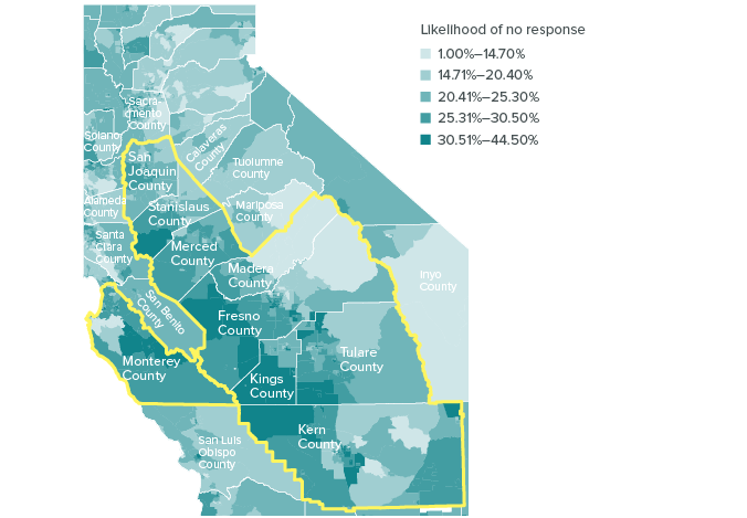 Figure 3. The San Joaquin Valley and Monterey County are expected to be among the hardest-to-count regions in California