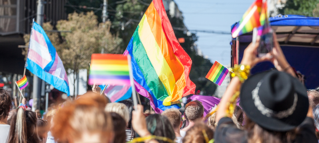 Crowd Raising and Holding Rainbow Flags During Gay Pride