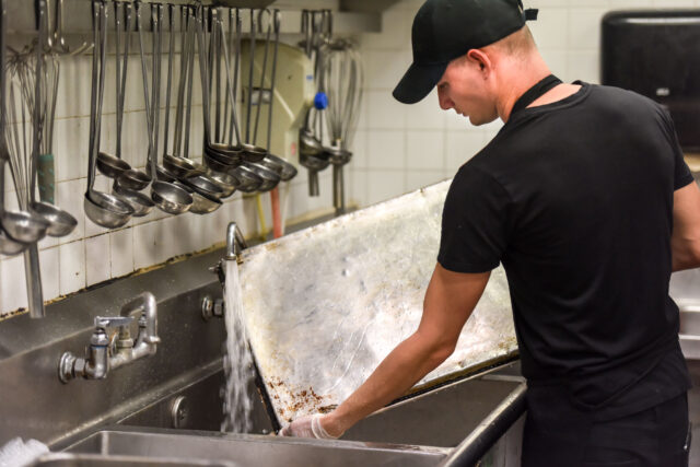 photo - Dishwasher Working in Restaurant Kitchen