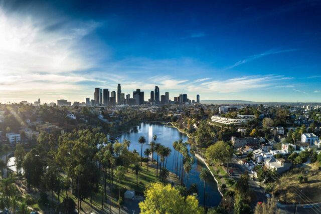 image - Echo Park Lake and Neighborhood with Downtown Los Angeles in Background