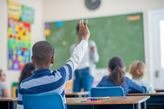 photo - Elementary School Student Raising Hand in Classroom