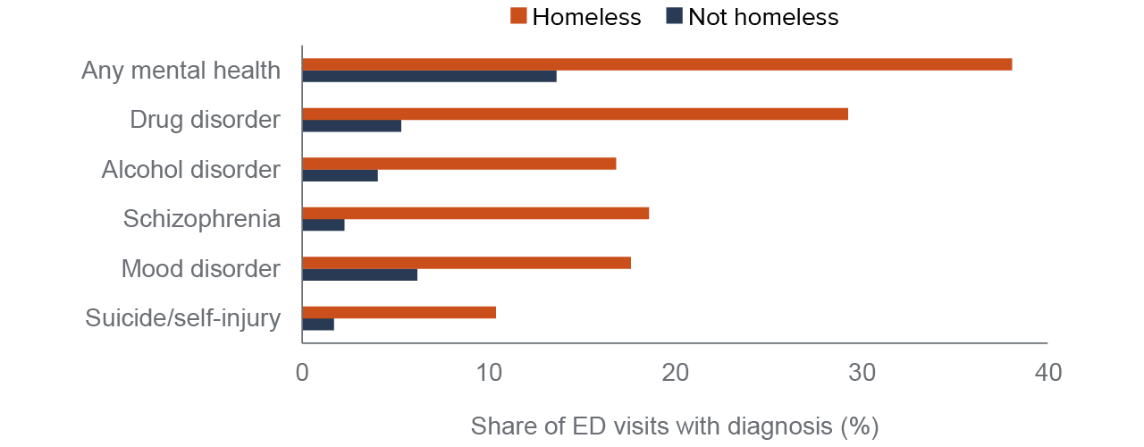 figure 11 - A mental health condition was diagnosed in nearly 40 percent of ED visits by homeless patients; about 30 percent had a drug-related disorder