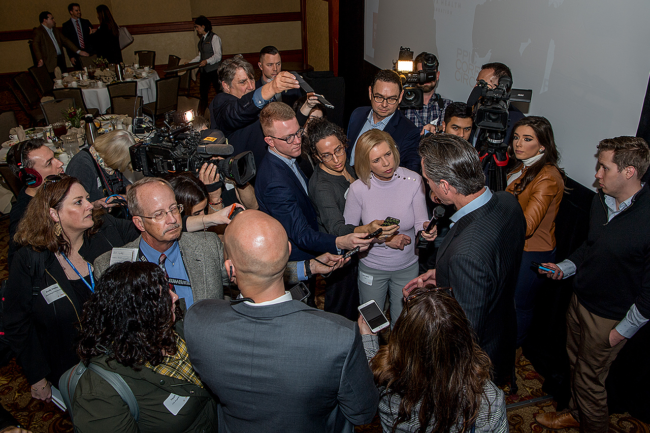 Photo of Governor Gavin Newsom with the media