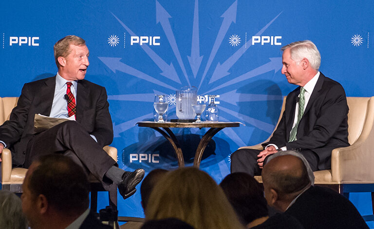 photo - Tom Steyer and Mark Baldassare at PPIC Speakers Series on California's Future