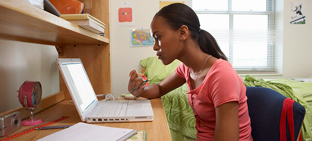 photo - Young African American Student Sitting At Desk On Laptop